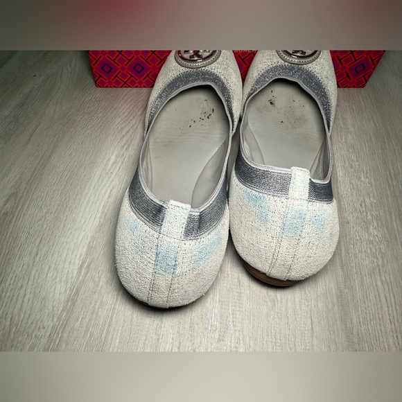 Tory Burch Caroline Ballet Flats Size 8 Pewter Mercury Metallic Tweed Logo - Picture 10 of 12